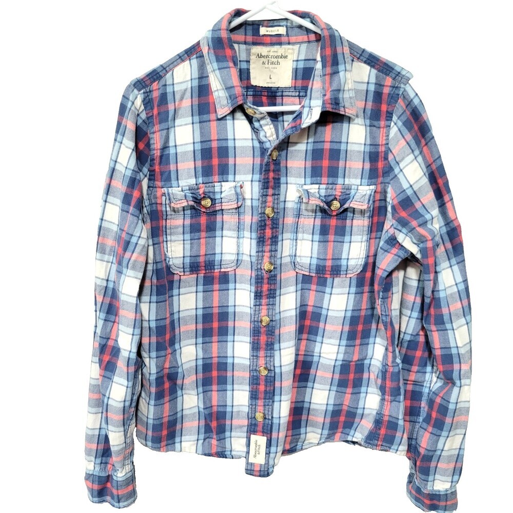 Abercrombie & Fitch Plaid Shirt Large Men's Blue White Pink Muscle Fit Logo